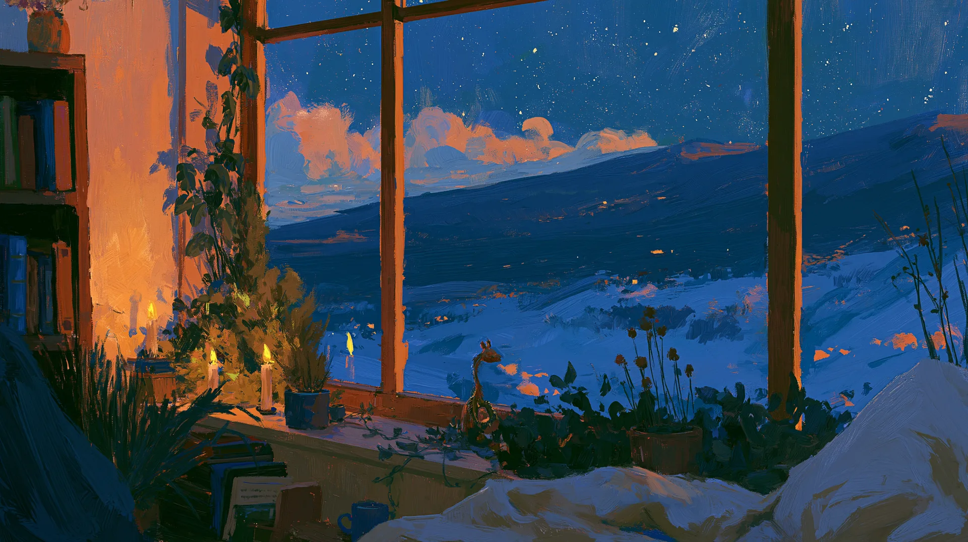 A cozy candlelit reading nook looking out at a starlit night sky